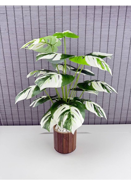 Yapay Yapraklı Çiçek Monstera Yeşil Beyaz Deve Tabanı Salon Çiçeği 65CM 18 Yaprak