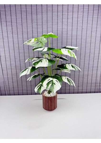 Yapay Yapraklı Çiçek Monstera Yeşil Beyaz Deve Tabanı Salon Çiçeği 65CM 18 Yaprak
