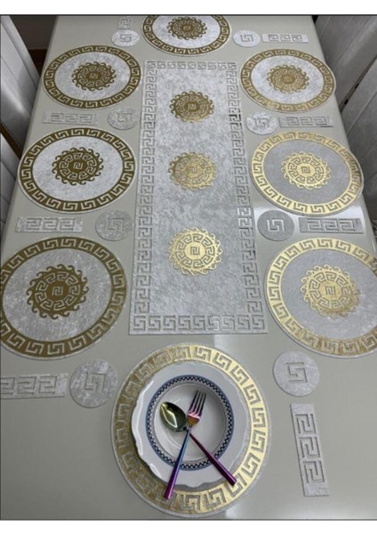 Kadife Gri Gold 8 Kişilik Sunum Seti, Bardak Altlığı ve Kaşıklık Takımı
