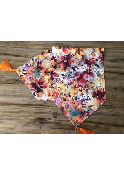 Keten Efektli Soyut Çiçekler Desenli Runner