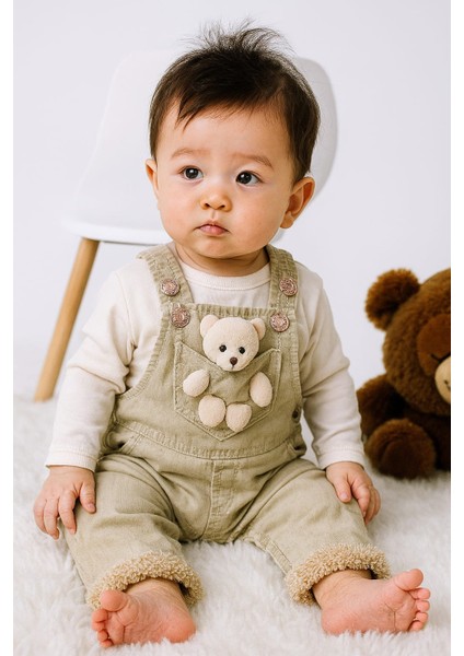 Içi Welsoft ve Ayıcık Detaylı Askı Boyu Ayarlanabilen Salopet Unisex Çocuk Tulum (Tek Tulum)