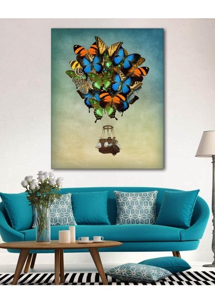 Renkli Kelebek ve Balon Tasarımlı Duvar Dekoratif Kanvas Tablo