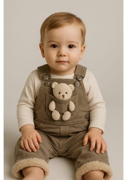 Içi Welsoft ve Ayıcık Detaylı Askı Boyu Ayarlanabilen Salopet Unisex Çocuk Kahverengi(Tek Tulum)