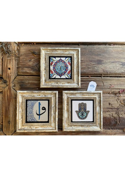 Renkli 3'lü Taş Tablo Seti 20X20 Cm, Çini Desenli, El Işleme, Dekoratif Süs