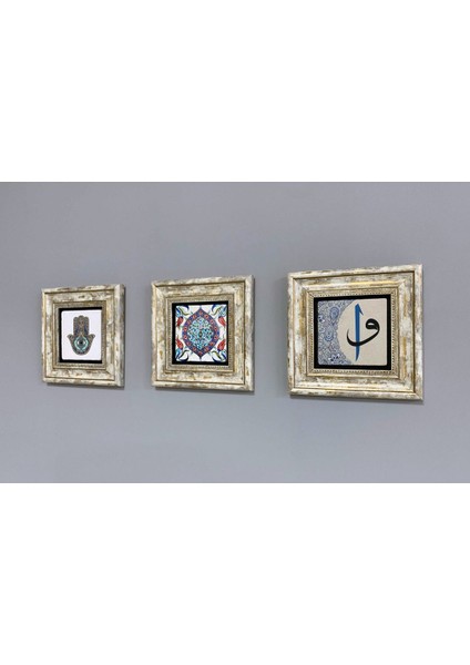 Renkli 3'lü Taş Tablo Seti 20X20 Cm, Çini Desenli, El Işleme, Dekoratif Süs modelleri