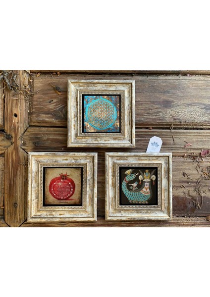 3’lü Taş Çerçeveli Duvar Dekoru Seti, 20X20CM, Renkli, Şahmeran ve Nar Temalı