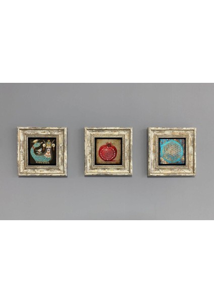 3’lü Taş Çerçeveli Duvar Dekoru Seti, 20X20CM, Renkli, Şahmeran ve Nar Temalı fiyatları