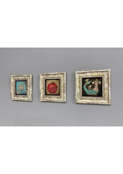 3’lü Taş Çerçeveli Duvar Dekoru Seti, 20X20CM, Renkli, Şahmeran ve Nar Temalı modelleri