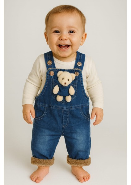 Içi Welsoft ve Ayıcık Detaylı Askı Boyu Ayarlanabilen Salopet Unisex Çocuk Tulum (Tek Tulum)