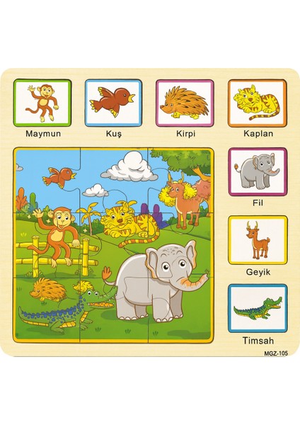 Ahşap Hayvanları Tanıma ve Eşleştirme Puzzle – Eğitici Oyuncak Çok Renkli