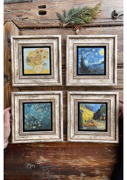 20X20CM Çerçeveli Taş Tablo Seti, 4'lü, Renkli, Dekoratif, Modern, Şık, Ev ve Ofis Için