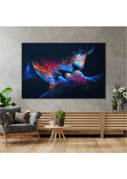 Renkli Çizgisel Çift Öpüşme Kanvas Tablo, Aşk Temalı Dekorasyon, Modern Sanat Parçası