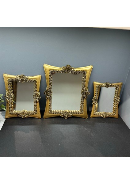Şık Üçlü Kare Ayna Takımı, Gold Eskitme, Dekoratif ve Modern Tasarım