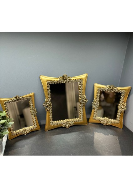 Şık Üçlü Kare Ayna Takımı, Gold Eskitme, Dekoratif ve Modern Tasarım indirimleri