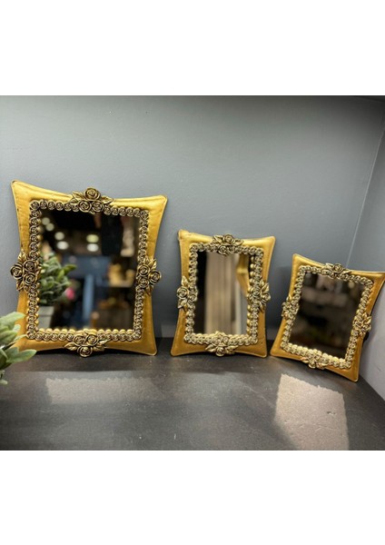 Şık Üçlü Kare Ayna Takımı, Gold Eskitme, Dekoratif ve Modern Tasarım
