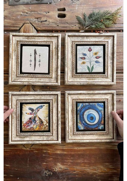Renkli 20X20CM 4'lü Taş ve Semazen Temalı Çerçeveli Tablo Seti