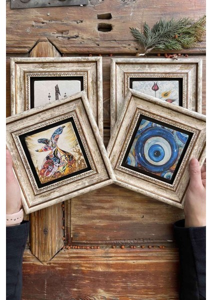 Renkli 20X20CM 4'lü Taş ve Semazen Temalı Çerçeveli Tablo Seti fiyatları