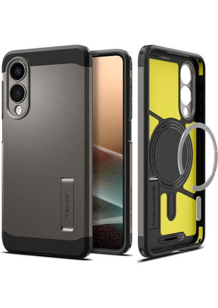 Galaxy S25 Edge Ekstra Dayanıklı Kılıf Tough Armor Ai Hava Kanalı Teknolojisi™ Askeri Sınıf Koruma Magfit Özellikli Kickstand'lı Gunmetal Çift Katman Kapak - ACS09423