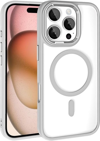 Apple ile Uyumlu iPhone 16 Pro Kılıf Wireless Şarj Özellikli Zore Krom M-Safe Silikon Kapak Gümüş