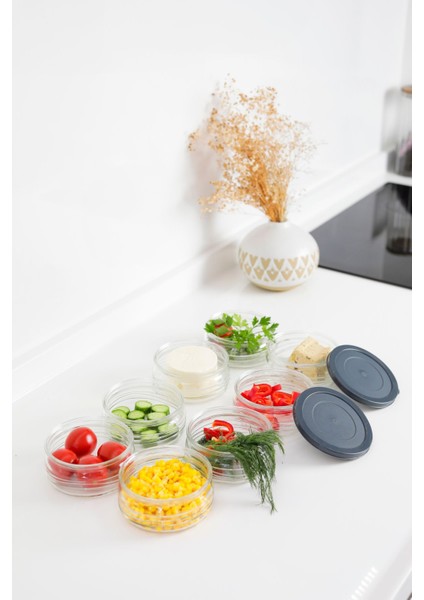 8'li Premium Saklama Kabı Seti, Gri Plastik Kapaklı, Cam Saklama, Hava Geçirmez, 410 cc modelleri