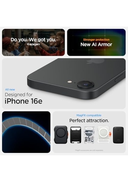 iPhone 16E Ekstra Dayanıklı Magsafe Kılıf Tough Armor Ai Hava Kanalı Teknolojisi™ Askeri Sınıf Koruma Magfit Kickstand'lı Gunmetal Çift Katman Kapak - ACS09136 modelleri