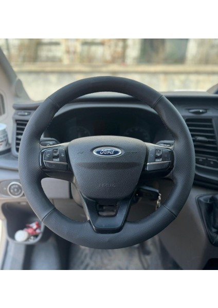 Dikişli Direksiyon Kılıfı Siyah Deri Noktalı Deri Siyah Dikişli F. Custom Transit Için