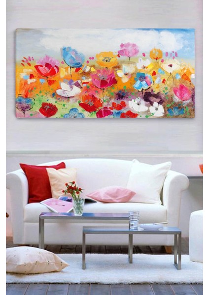 Renkli Çiçekler Kanvas Tablo 60X120 Cm, Canlı Dekoratif Duvar Sanatı
