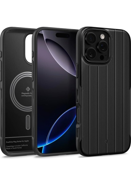 Caseology iPhone 16 Pro Max Magsafe Kılıf Dual Grip Mag Hava Kanalı Teknolojisi™ Askeri Sınıf Koruma Braided Black Dokulu Yüzey Kapak - ACS08049