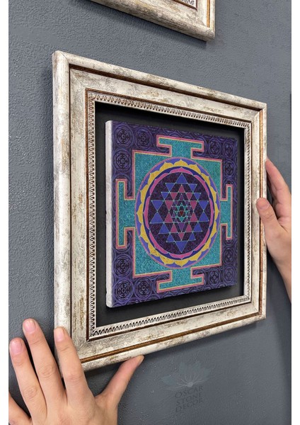 Renkli Taş Çerçeveli Tablo 30X30 cm Lotus Sri Yantra ve Yaşam Çiçeği modelleri