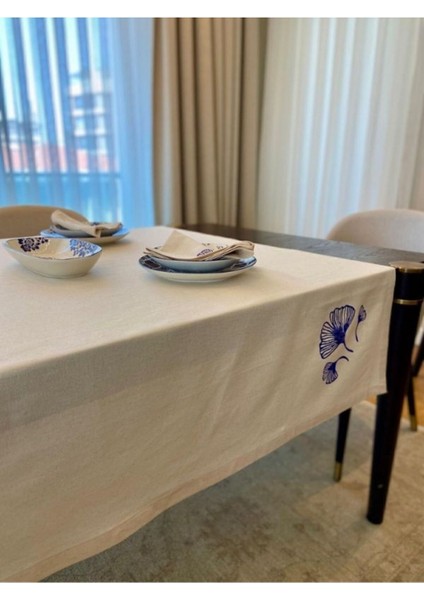 El Boyama Keteni Ginkgo Biloba Desenli Masa Örtüsü Bej Renk modelleri