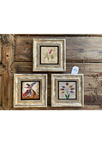 Şık Taş Duvar Dekoru 20X20 cm 3'lü Set, Semazen ve Ebruli Çiçek Detaylarıyla Güzelleşir