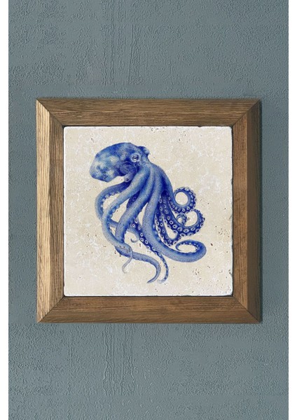 Doğaltaş Tablo Pano 28X28 Cm, Masif Çerçeveli, Ahtapot Desenli, Canlı Turuncu Renk