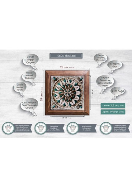 Doğaltaş Tablo Pano 28X28 Cm, Masif Çerçeveli, Ahtapot Desenli, Canlı Turuncu Renk