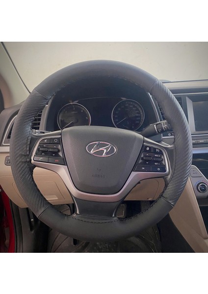 Dikişli Direksiyon Kılıfı Karbon Deri Siyah Deri Siyah Dikişli Hyundai Elentra Için