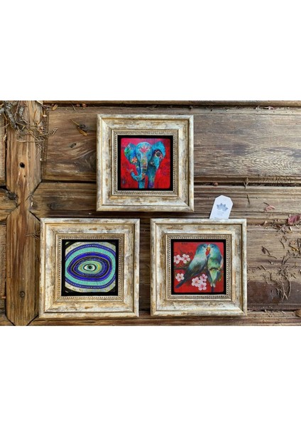 Renkli 3'lü Taş Duvar Dekoru Seti, 20X20CM, Fil, Nazar Göz, Kuş Detayları