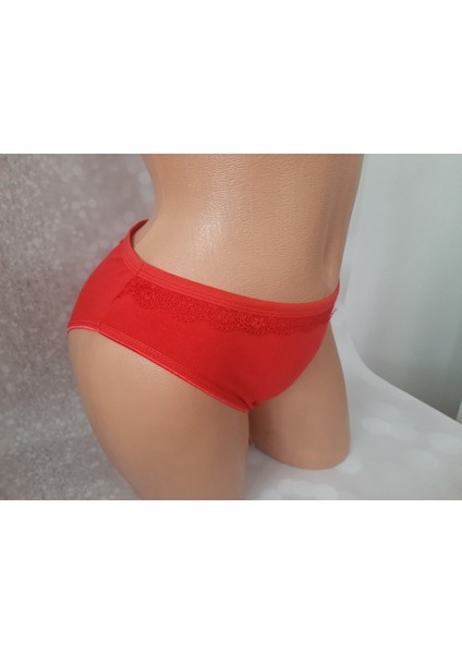Kırmızı Beli Minik Dantel Şeritli Likralı Rahat Kullanışlı Kadın Külot