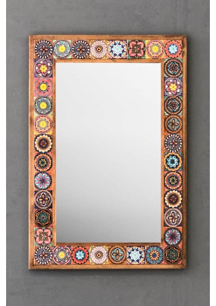 Turuncu Mozaik Taş Çerçeveli Aynalı Duvar Dekoru 43X63 Cm, Etnik Desenli