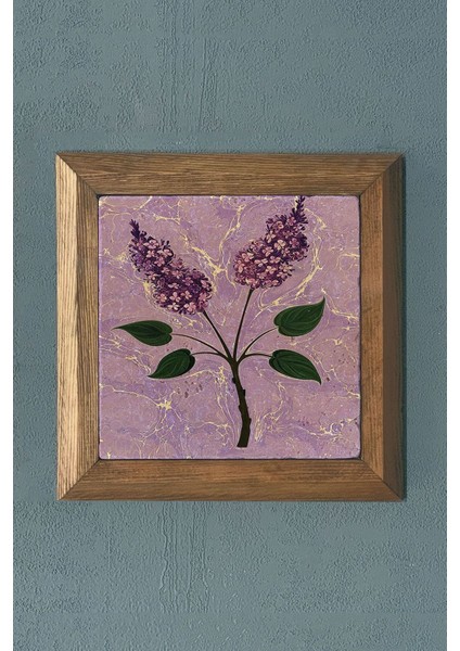 Turuncu Sümbül Çiçekli Ebruli Ahşap Çerçeveli Taş Tablo 28X28 cm