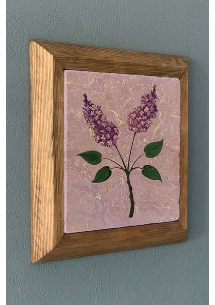 Turuncu Sümbül Çiçekli Ebruli Ahşap Çerçeveli Taş Tablo 28X28 cm fiyatları