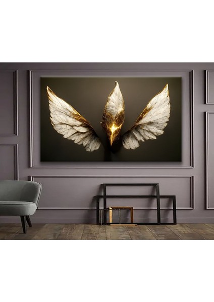 Şık Kanat Desenli Altın Renkli Kanvas Tablo, Dekoratif Duvar Sanatı
