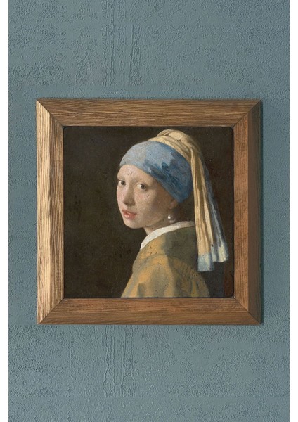 Renkli Masif Çerçeveli Doğaltaş Tablo 28X28 cm Kız ve Inci Küpeli