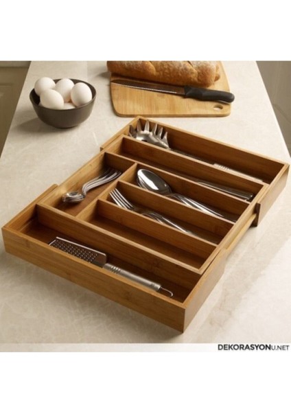 Genişleyebilir 6 Bölmeli Ahşap Bambu Kaşıklık, Şık ve Fonksiyonel Tasarım