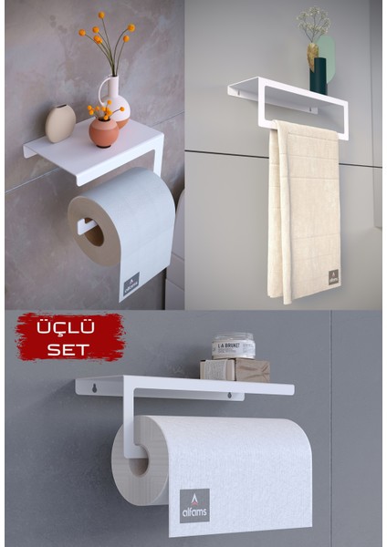 Modern Üçlü Set – Raflı Banyo, Mutfak, Tuvalet Kağıtlığı, Havlu Askılığı ve Rulo Kağıt Havlu Askılığı – Paslanmaz, Yüksek Taşıma Kapasiteli