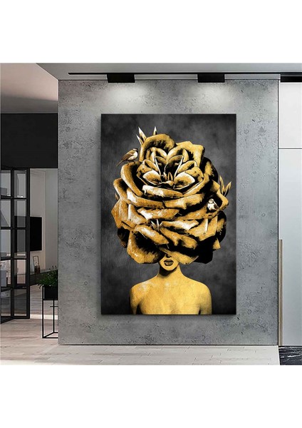 Şık Kadın ve Çiçek Temalı Kanvas Tablo, Siyah Renk, Dekoratif ve Modern Tasarım