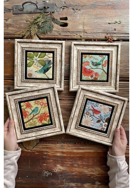 Renkli 4'lü Kuş Temalı Çerçeveli Taş Tablo Seti 20X20CM