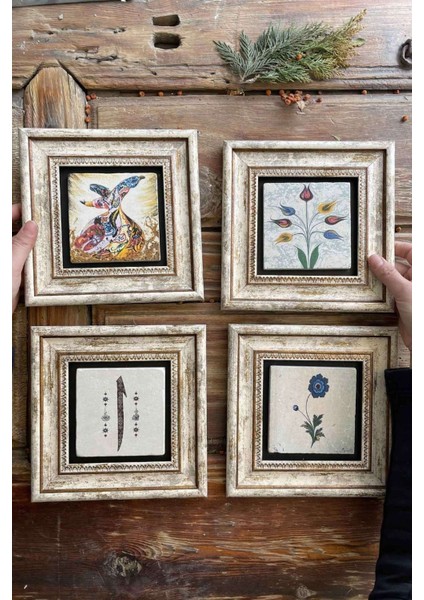 Renkli Taş Çerçeveli Tablo Seti 20X20CM 4'lü, Şık ve Modern Duvar Dekoru