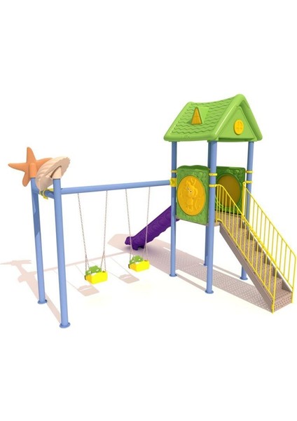 Çocuk Oyun Parkı - Tek Kaydıraklı 2'li Salıncaklı Ev Çatılı Model modelleri