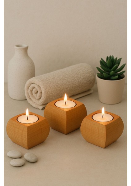 3'lü Ahşap Mumluk Seti, Dekoratif ve Şık Minimal Tasarım, Kahverengi