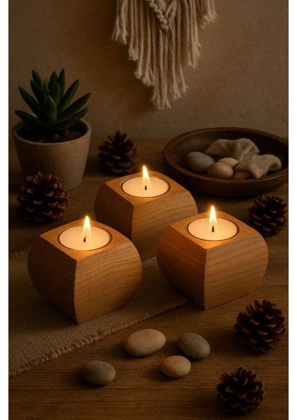 3'lü Ahşap Mumluk Seti, Dekoratif ve Şık Minimal Tasarım, Kahverengi fiyatları