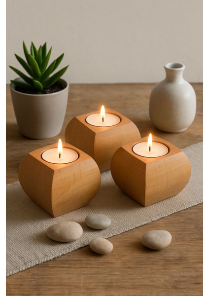 3'lü Ahşap Mumluk Seti, Dekoratif ve Şık Minimal Tasarım, Kahverengi modelleri
